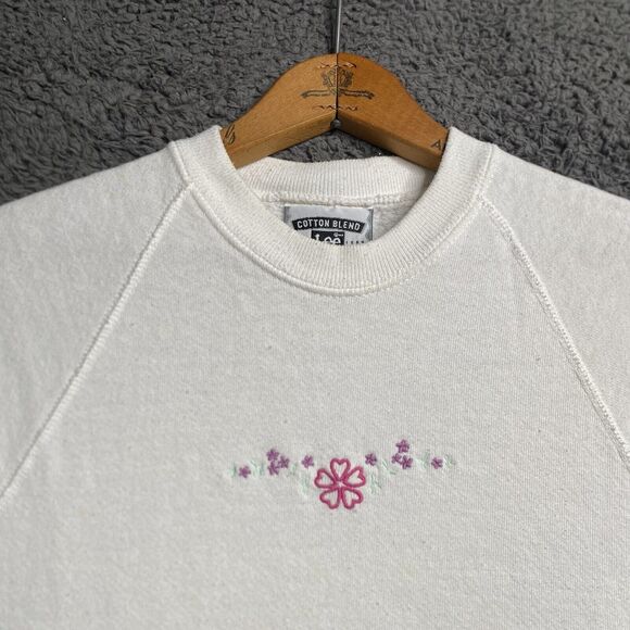 Vintage 80s LEE Raglan Short Sleeve Sweatshirt Womens Medium Embroidered Flowers - Picture 2 of 13